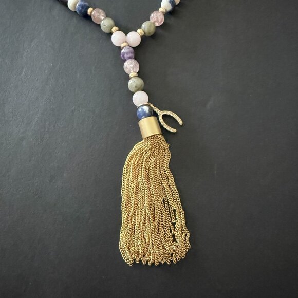 White House Black Market Semi Precious Beaded Tassel Necklace Gold Wishbone Luck - Picture 11 of 15